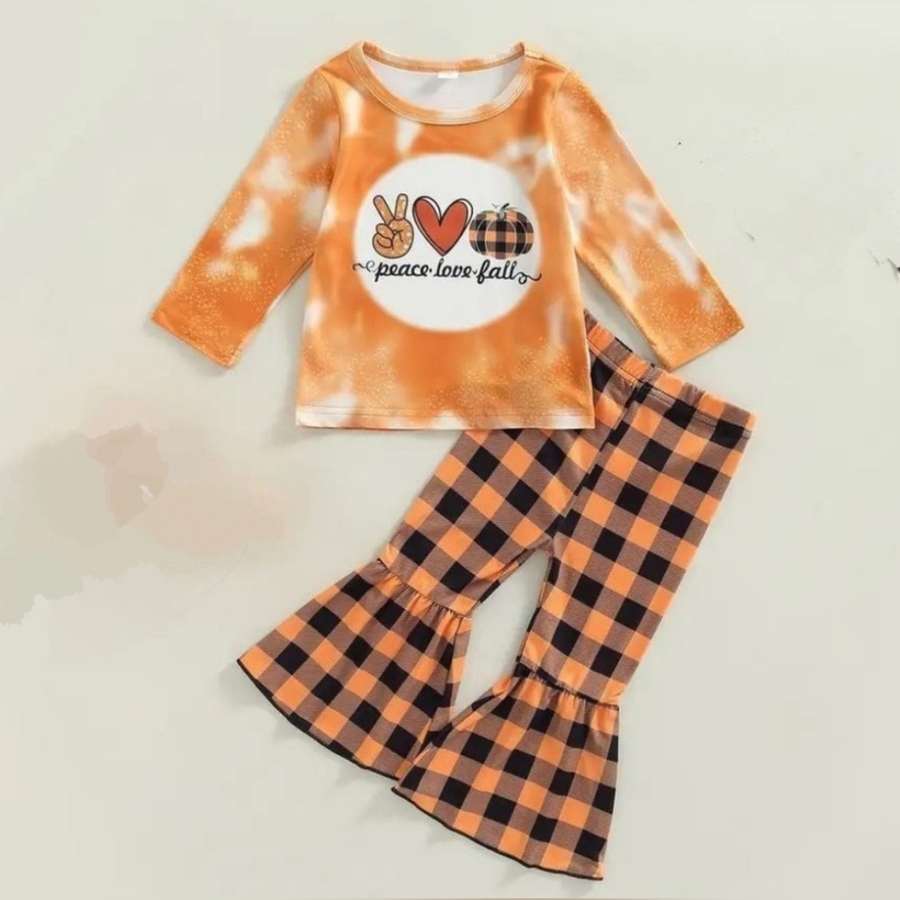 Orange Black Girl 2 Piece Peace Love Fall Outfit Sz 130 US 7 NWOT
